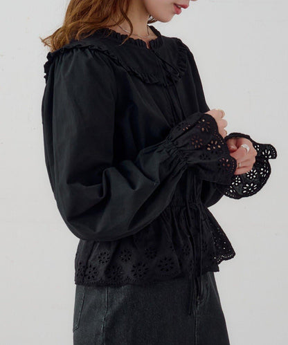 B棉質蕾絲 荷葉邊 襯衫