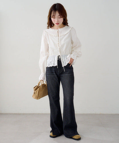 B棉質蕾絲 荷葉邊 襯衫