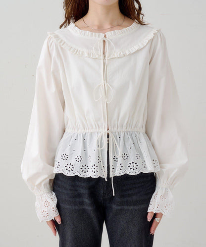 B棉質蕾絲 荷葉邊 襯衫
