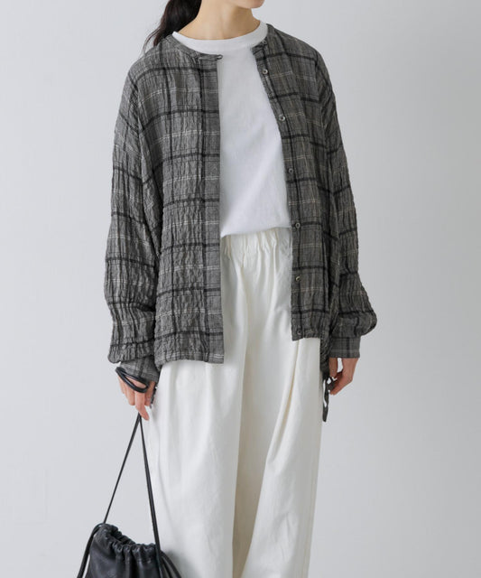 亞麻人造絲格紋襯衫式開衫