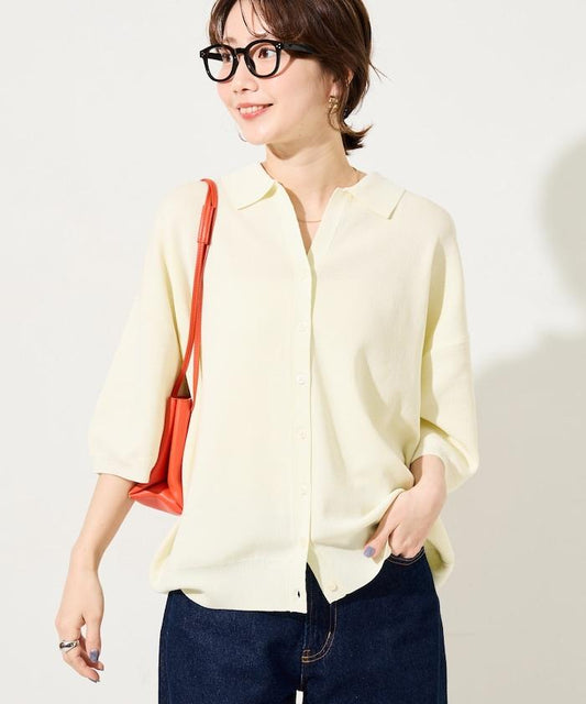 POLO領短袖紐釦針織開衫