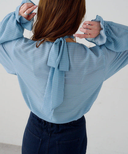B 透感格紋 蝴蝶結設計 襯衫