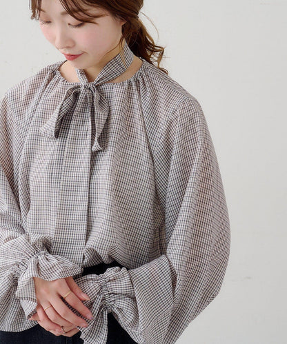 B 透感格紋 蝴蝶結設計 襯衫