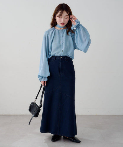 B 透感格紋 蝴蝶結設計 襯衫