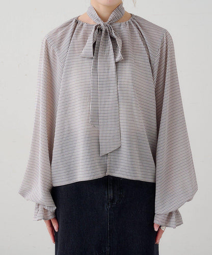 B 透感格紋 蝴蝶結設計 襯衫