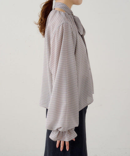 B 透感格紋 蝴蝶結設計 襯衫