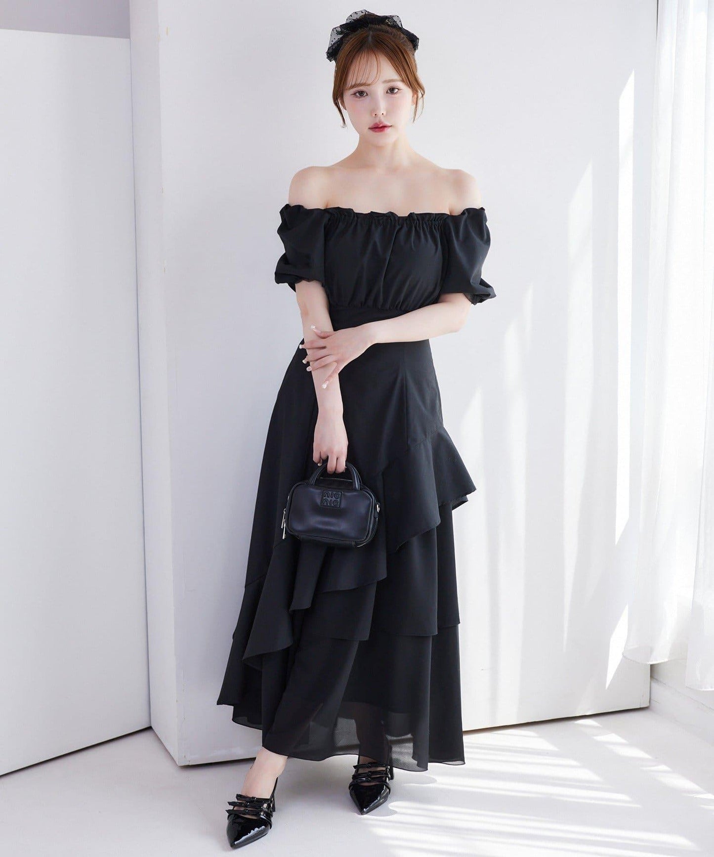 不對稱下襬層疊長款連衣裙