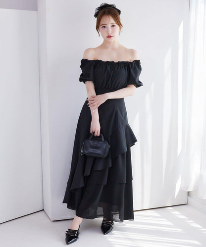 不對稱下襬層疊長款連衣裙