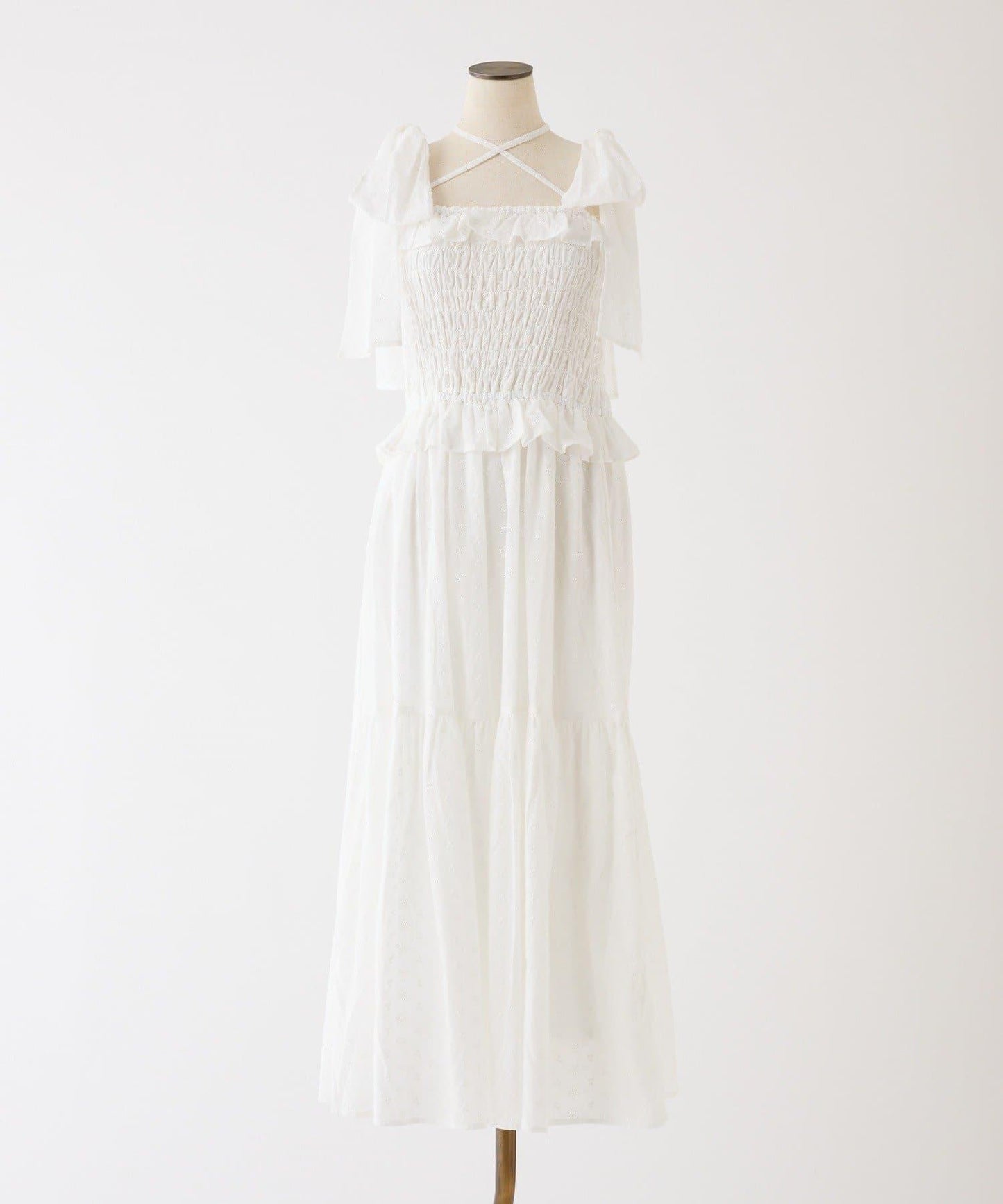 肩部蝴蝶結收褶設計連衣裙