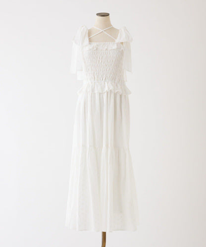 肩部蝴蝶結收褶設計連衣裙