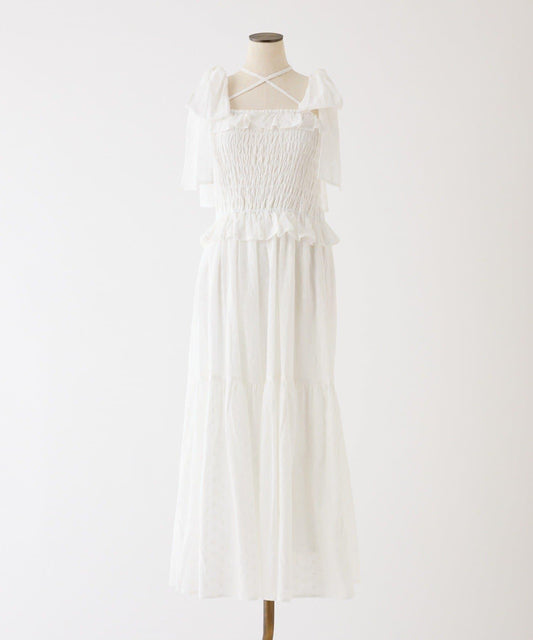 肩部蝴蝶結收褶設計連衣裙