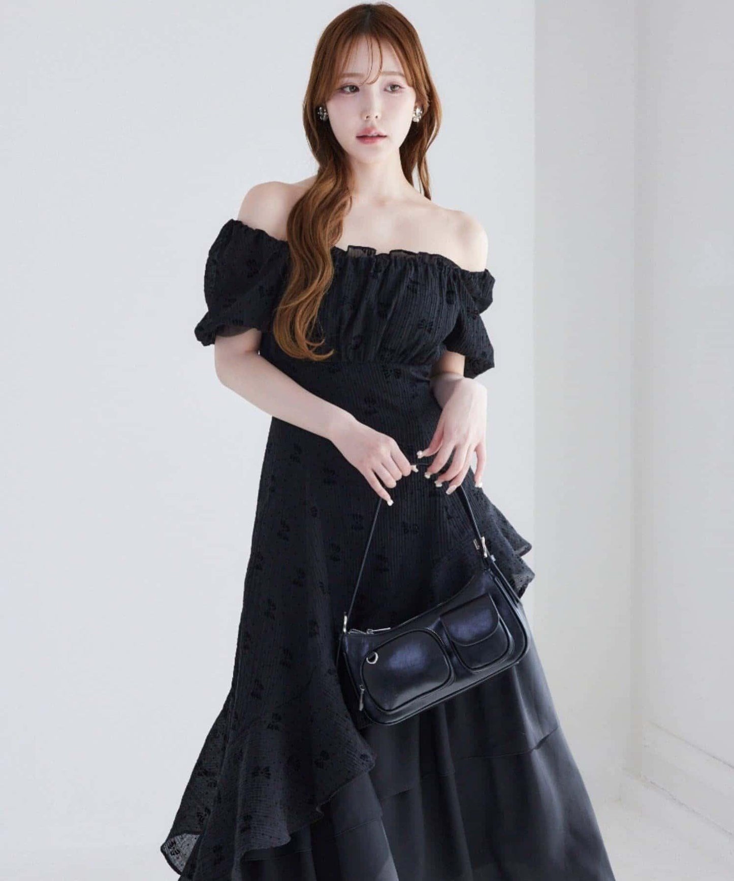 不對稱下襬層疊長款連衣裙