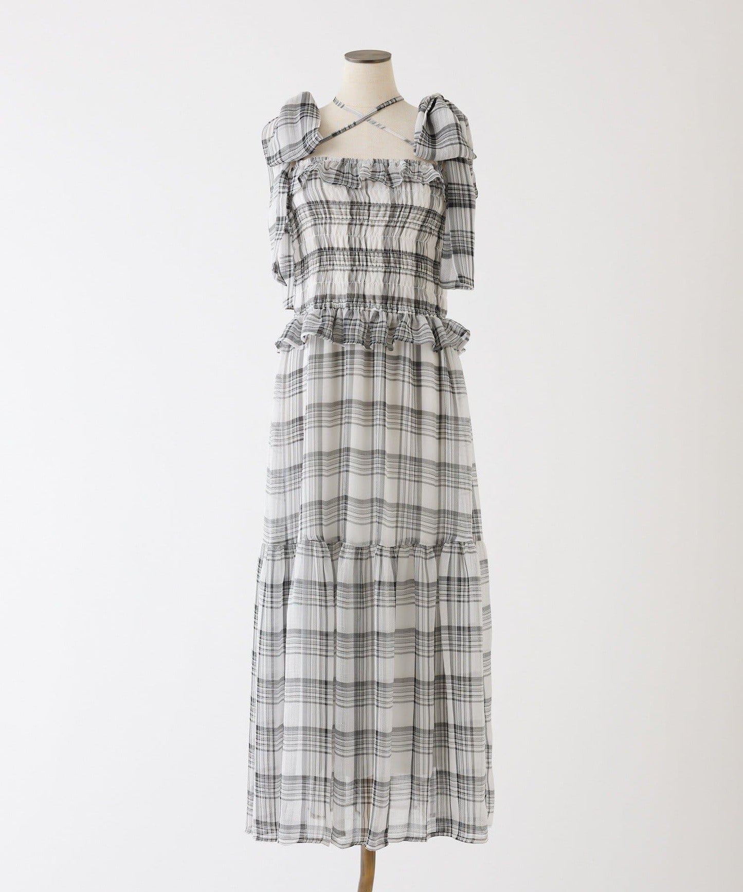 肩部蝴蝶結收褶設計連衣裙