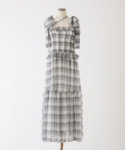 肩部蝴蝶結收褶設計連衣裙