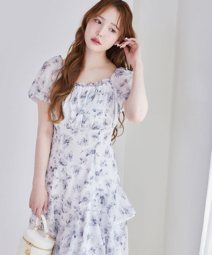 不對稱下襬層疊長款連衣裙