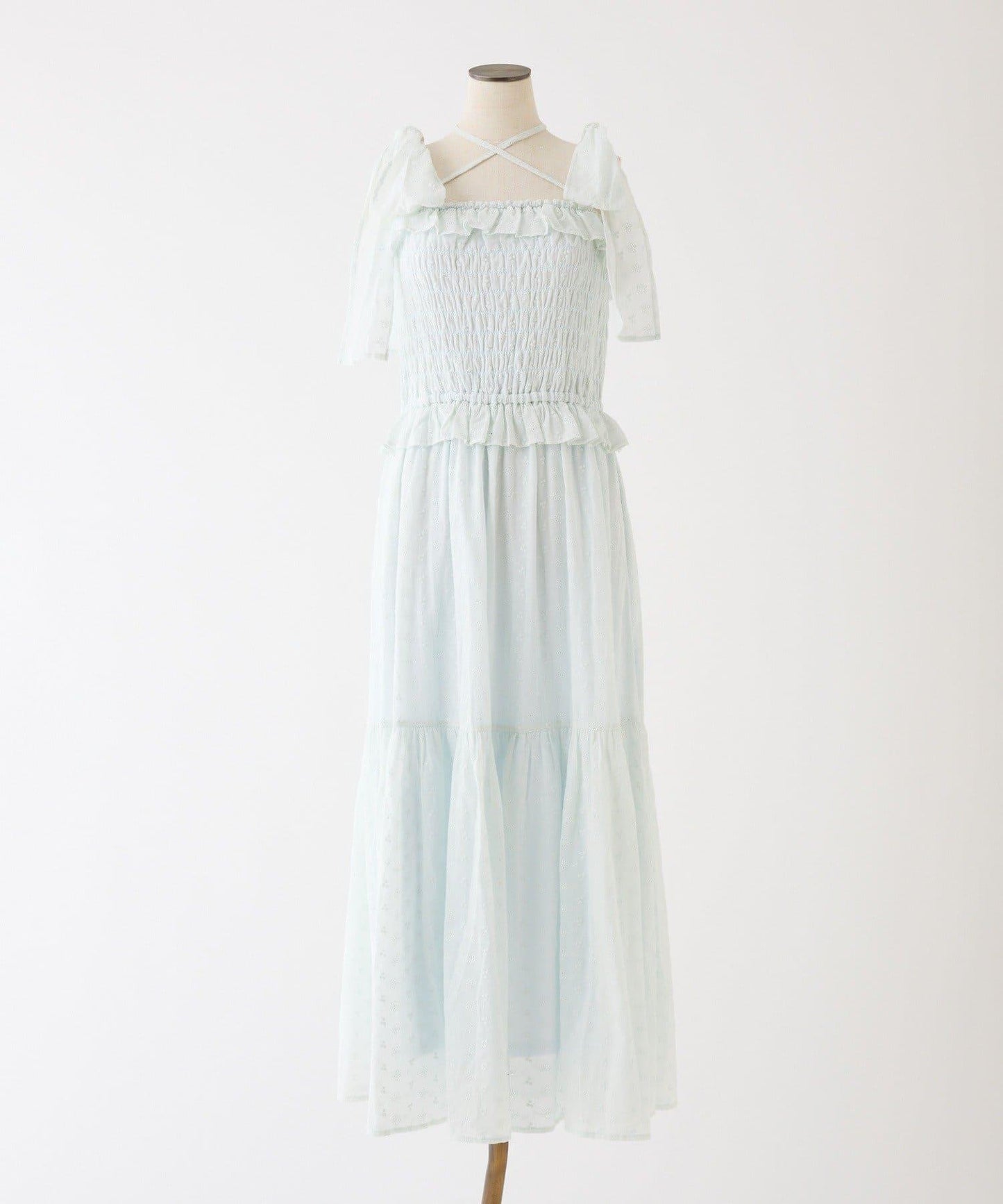 肩部蝴蝶結收褶設計連衣裙