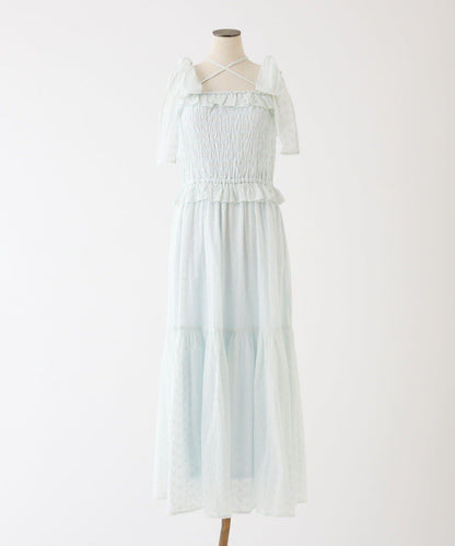 肩部蝴蝶結收褶設計連衣裙