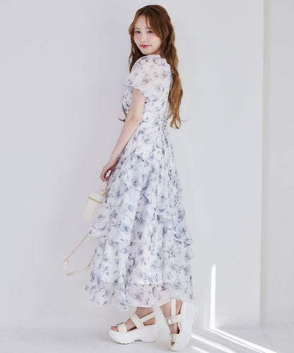 不對稱下襬層疊長款連衣裙