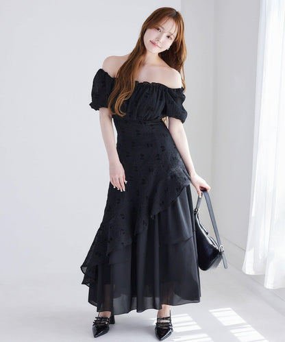 不對稱下襬層疊長款連衣裙