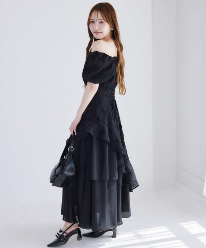 不對稱下襬層疊長款連衣裙