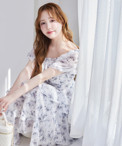 不對稱下襬層疊長款連衣裙