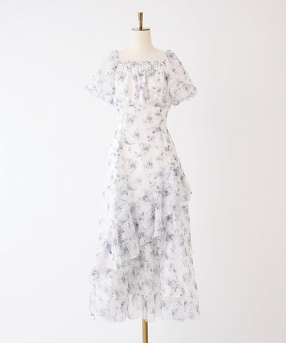 不對稱下襬層疊長款連衣裙