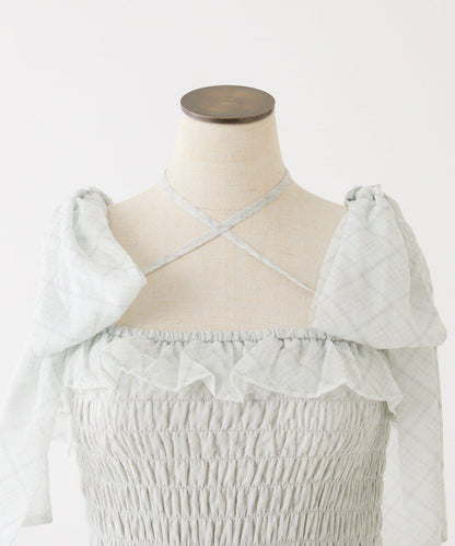 肩部蝴蝶結收褶設計連衣裙