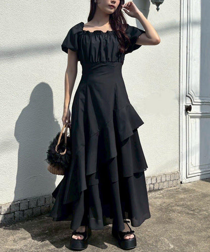 不對稱下襬層疊長款連衣裙