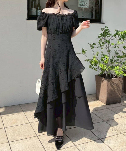 不對稱下襬層疊長款連衣裙