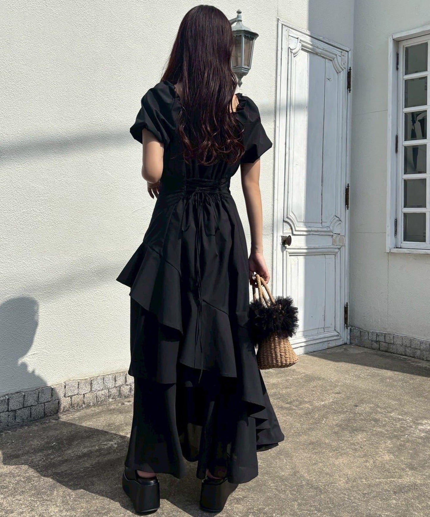 不對稱下襬層疊長款連衣裙