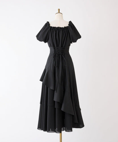 不對稱下襬層疊長款連衣裙