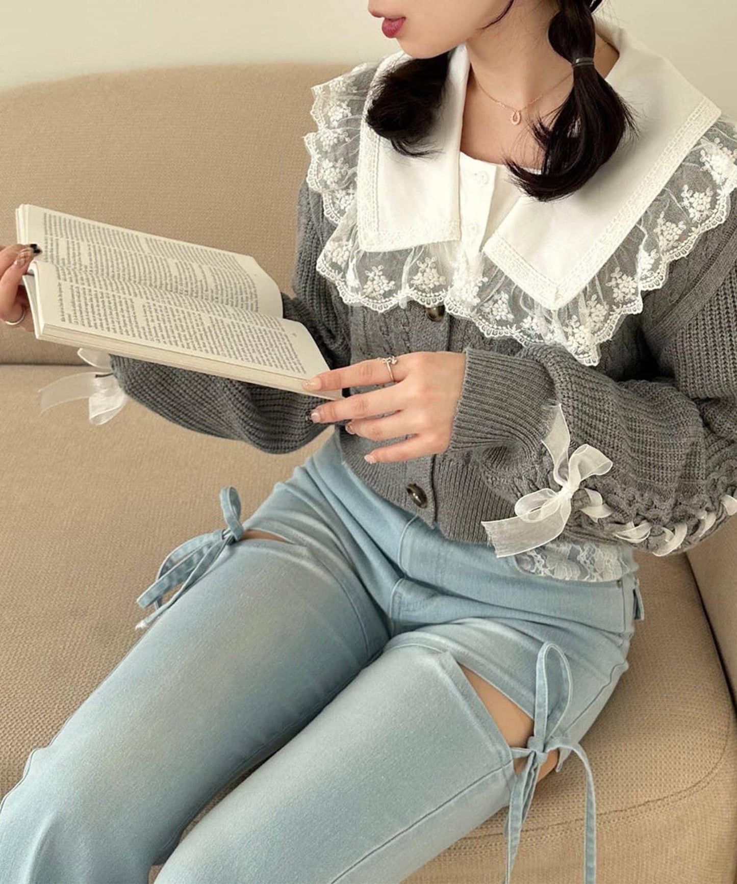 袖部繫帶設計 針織開衫