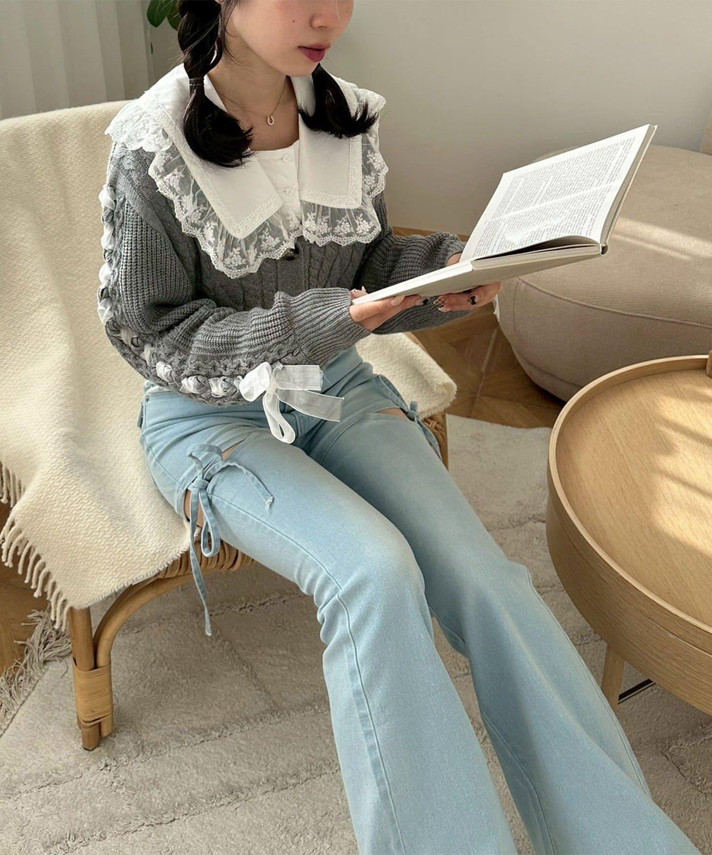 袖部繫帶設計 針織開衫