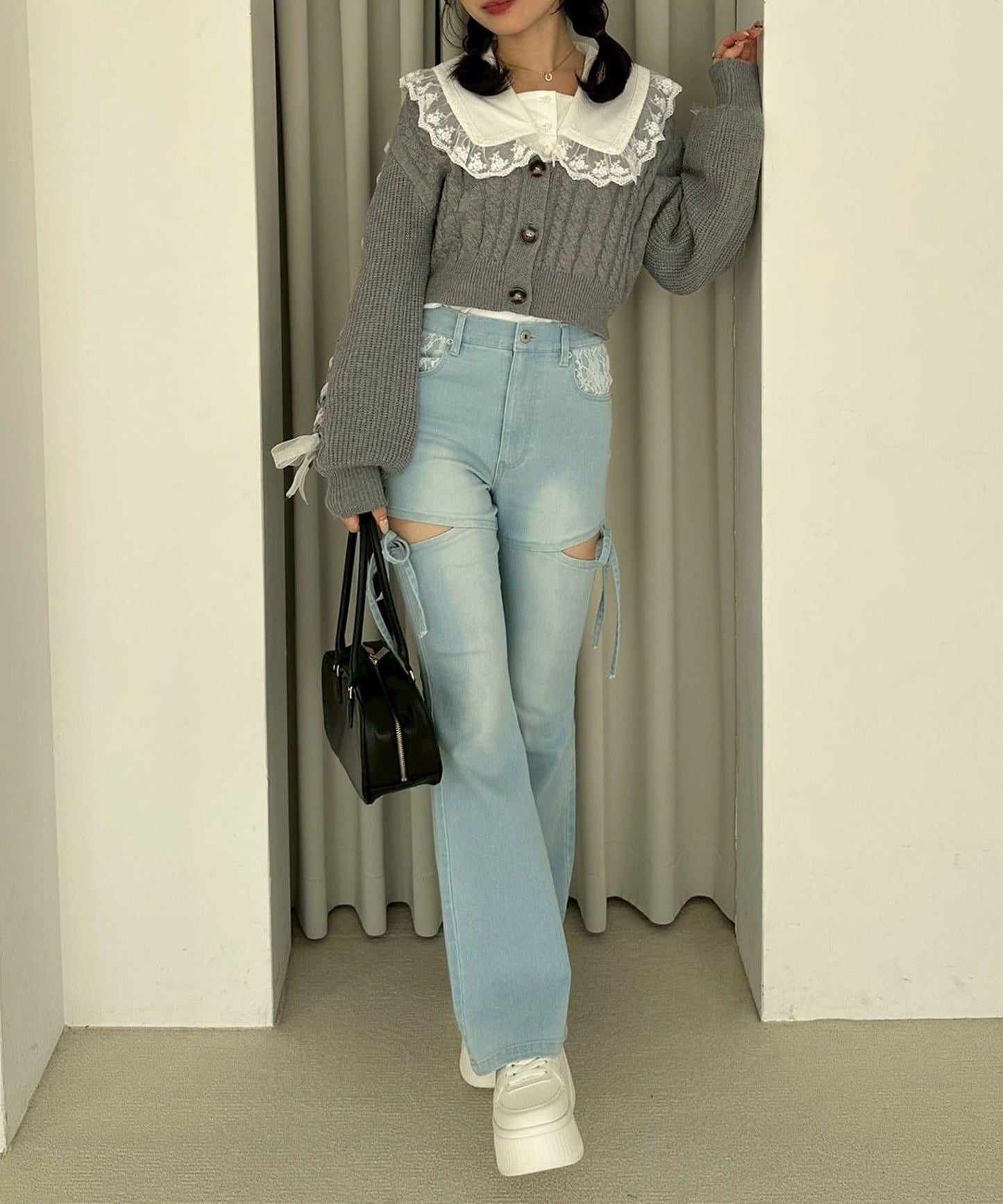 袖部繫帶設計 針織開衫