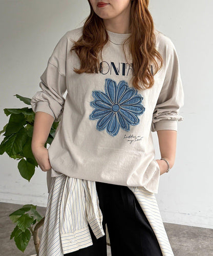 線花刺繡貼章長袖T恤