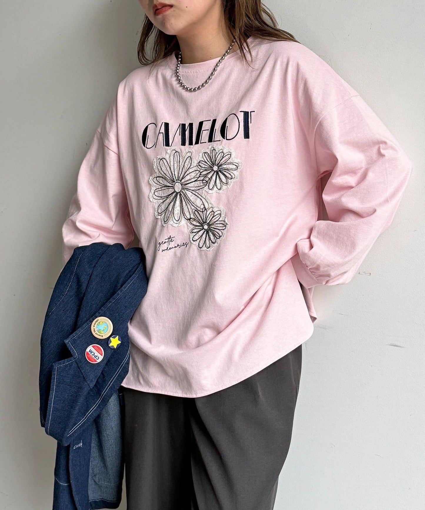 線花刺繡貼章長袖T恤