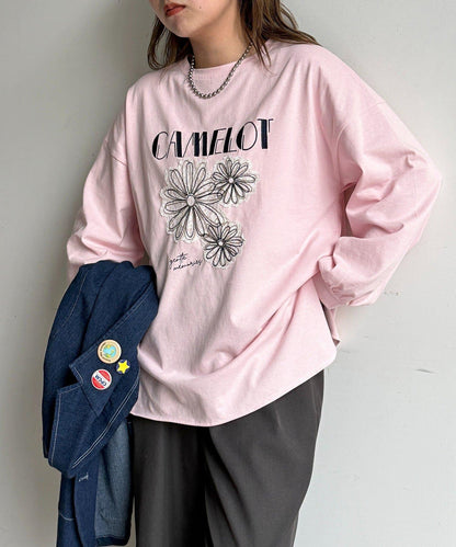 線花刺繡貼章長袖T恤