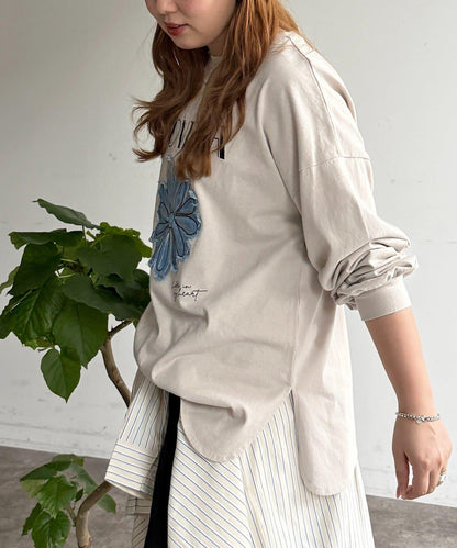 線花刺繡貼章長袖T恤