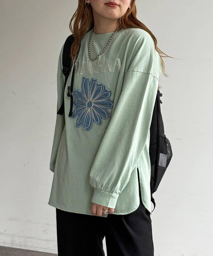 線花刺繡貼章長袖T恤