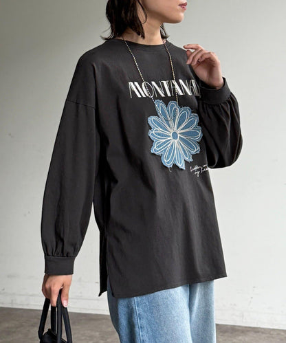 線花刺繡貼章長袖T恤