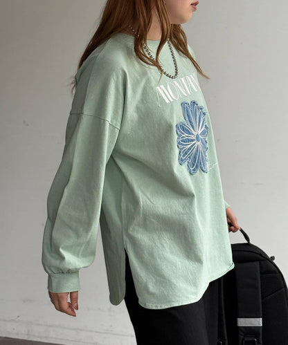 線花刺繡貼章長袖T恤