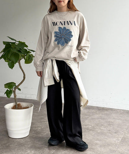 線花刺繡貼章長袖T恤