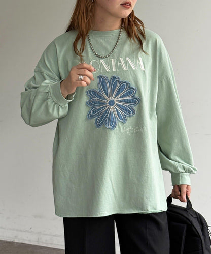 線花刺繡貼章長袖T恤