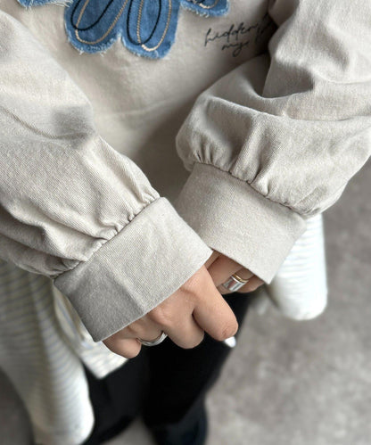 線花刺繡貼章長袖T恤