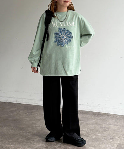 線花刺繡貼章長袖T恤