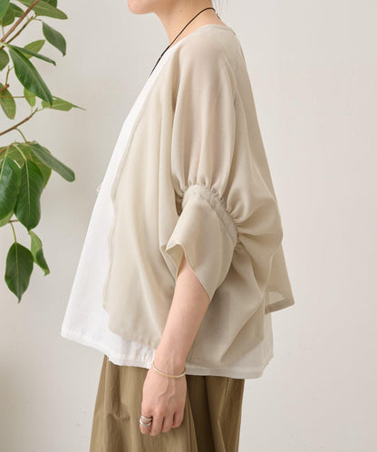 透紗褶皺蝙蝠袖外搭開衫