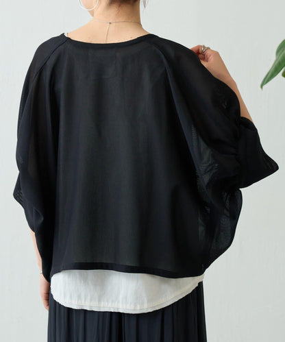 透紗褶皺蝙蝠袖外搭開衫