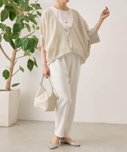 透紗褶皺蝙蝠袖外搭開衫