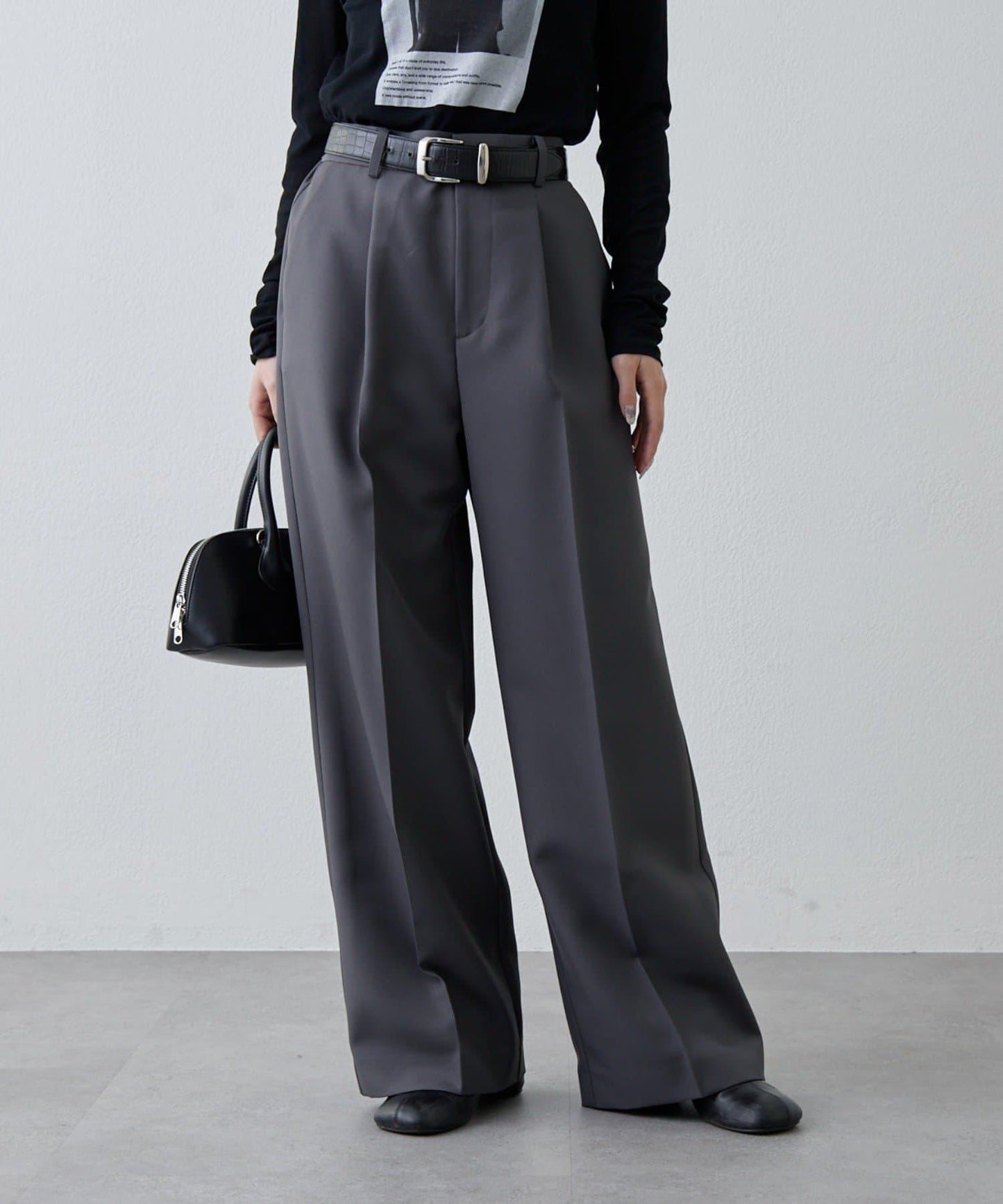 彈力斜紋闊腿褲