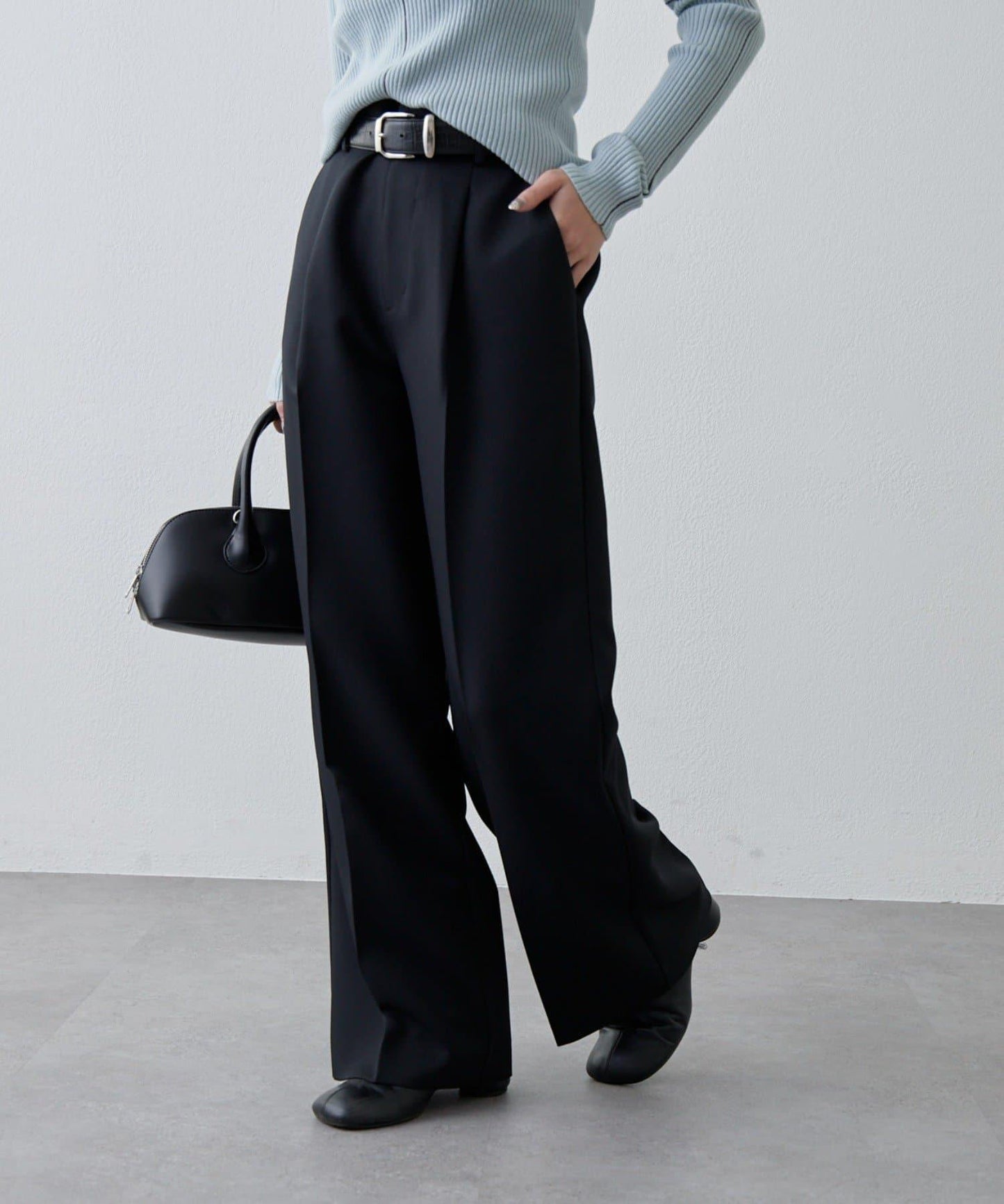 彈力斜紋闊腿褲